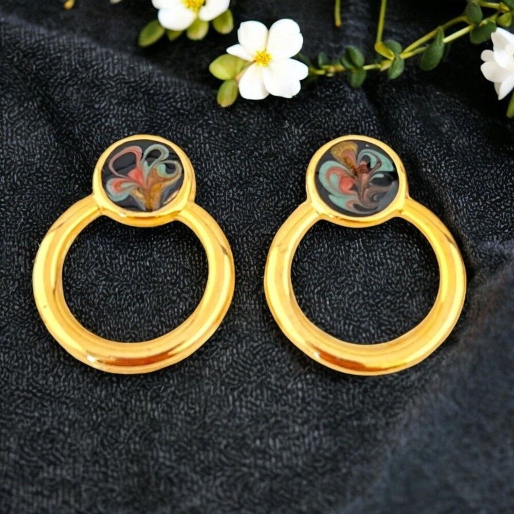 Vintage 1980s Designer Earrings Gold Tone Hand Applied Shimmer Enamel Pierced 3I